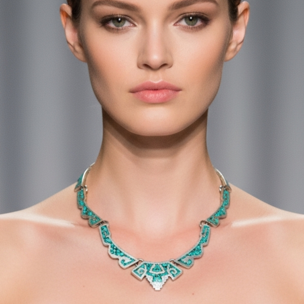 Vintage Taxco Mexico Sterling Silver Crushed turquoise inlay Necklace jewelry